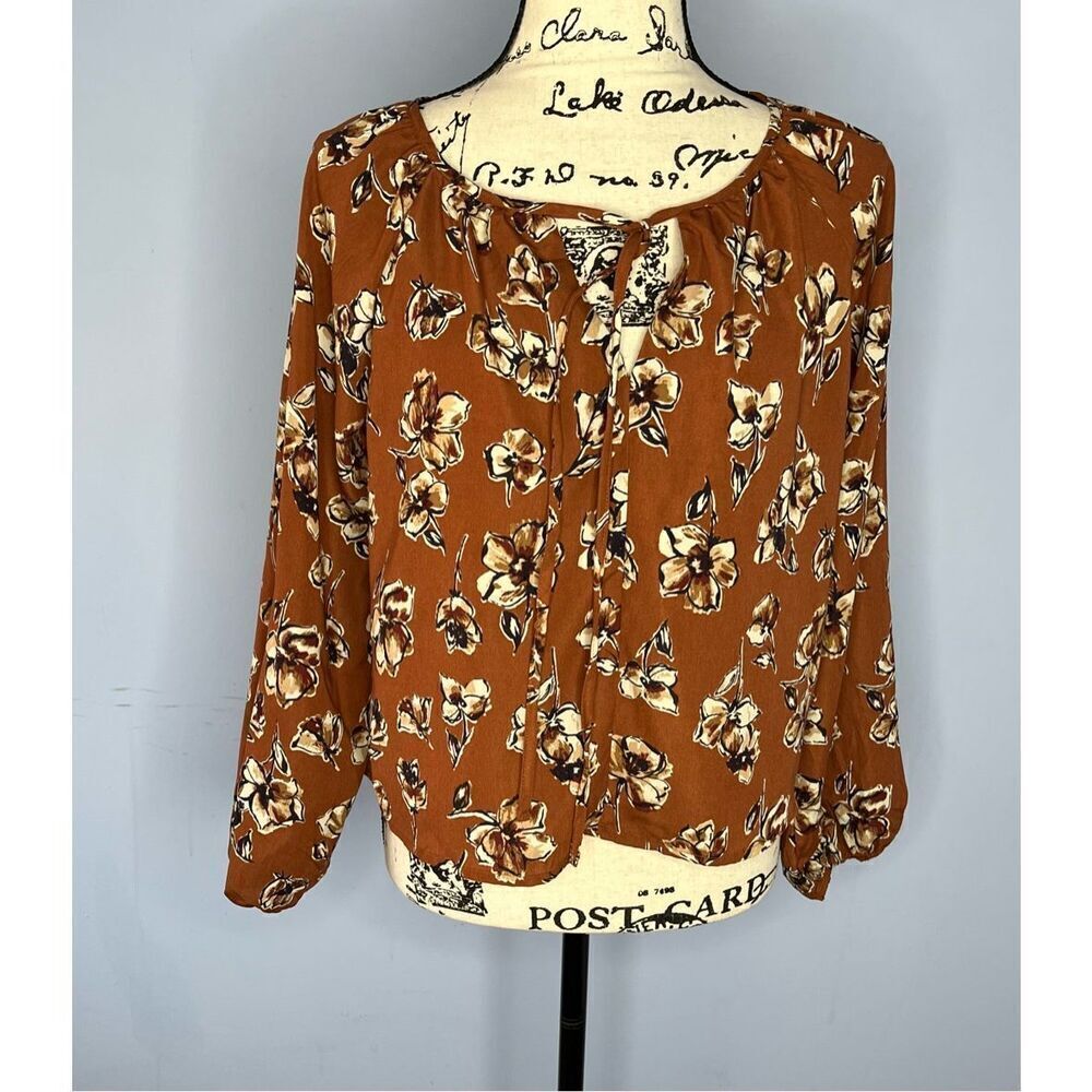 Kaileigh Women's XSP Petite Brown Floral Boho Flowy Blouse Top Shirt